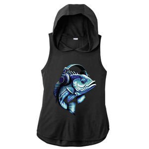 Bass Fish Wearing Headphones Ladies PosiCharge Tri-Blend Wicking Draft Hoodie Tank