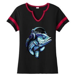 Bass Fish Wearing Headphones Ladies Halftime Notch Neck Tee