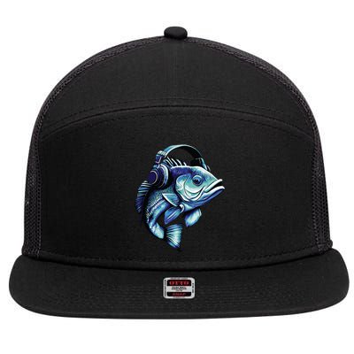 Bass Fish Wearing Headphones 7 Panel Mesh Trucker Snapback Hat