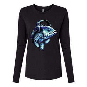 Bass Fish Wearing Headphones Womens Cotton Relaxed Long Sleeve T-Shirt