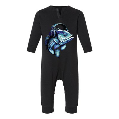 Bass Fish Wearing Headphones Infant Fleece One Piece