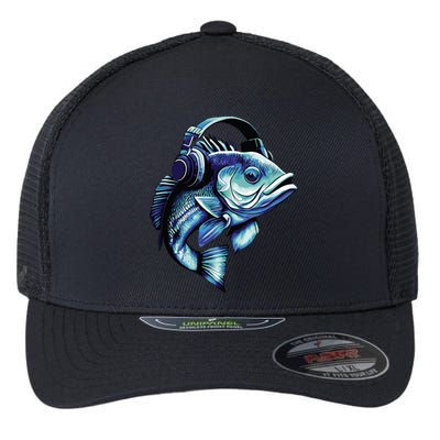 Bass Fish Wearing Headphones Flexfit Unipanel Trucker Cap