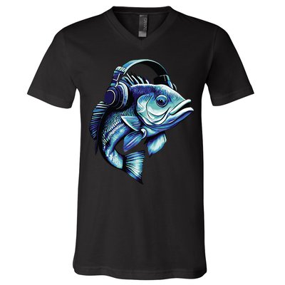 Bass Fish Wearing Headphones V-Neck T-Shirt