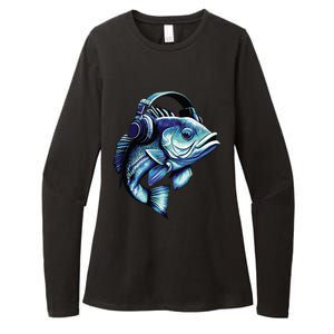 Bass Fish Wearing Headphones Womens CVC Long Sleeve Shirt