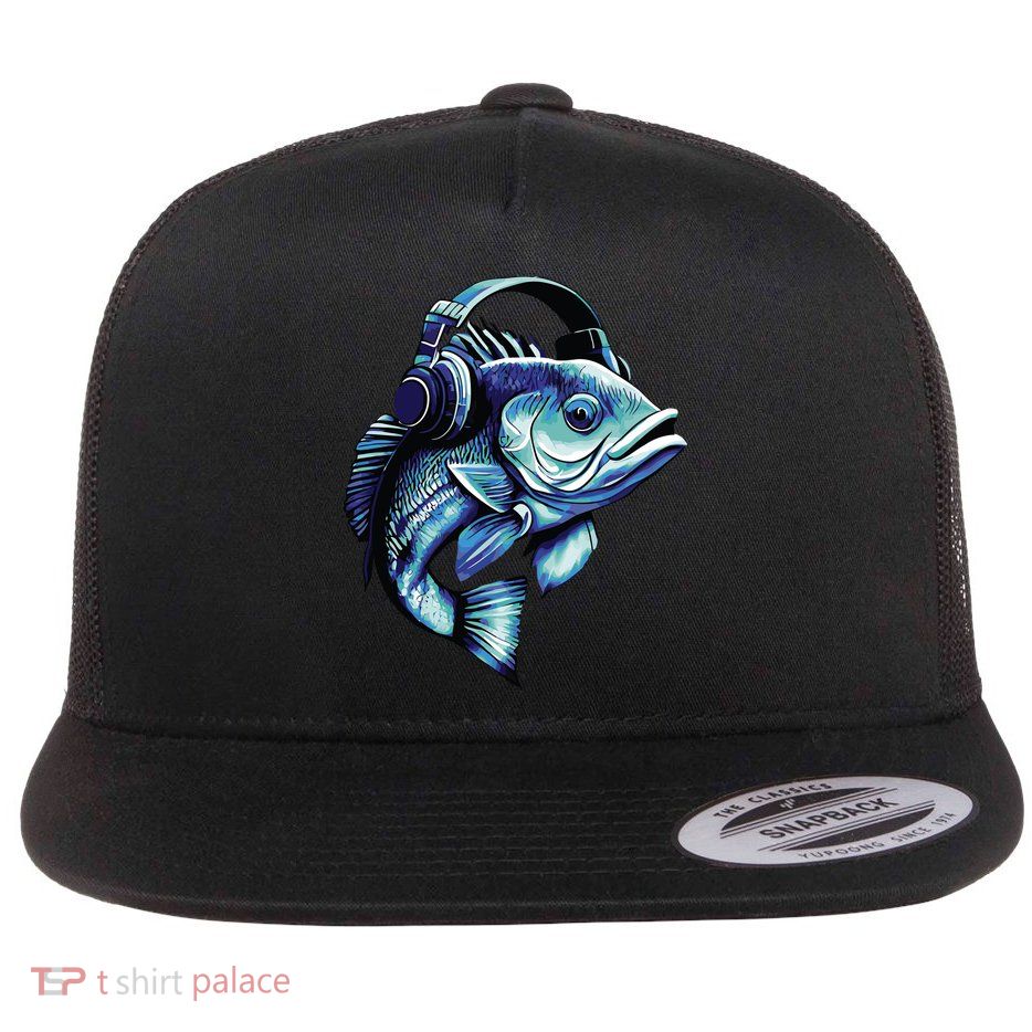 Bass Fish Wearing Headphones Flat Bill Trucker Hat