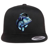 Bass Fish Wearing Headphones Flatbill Hat