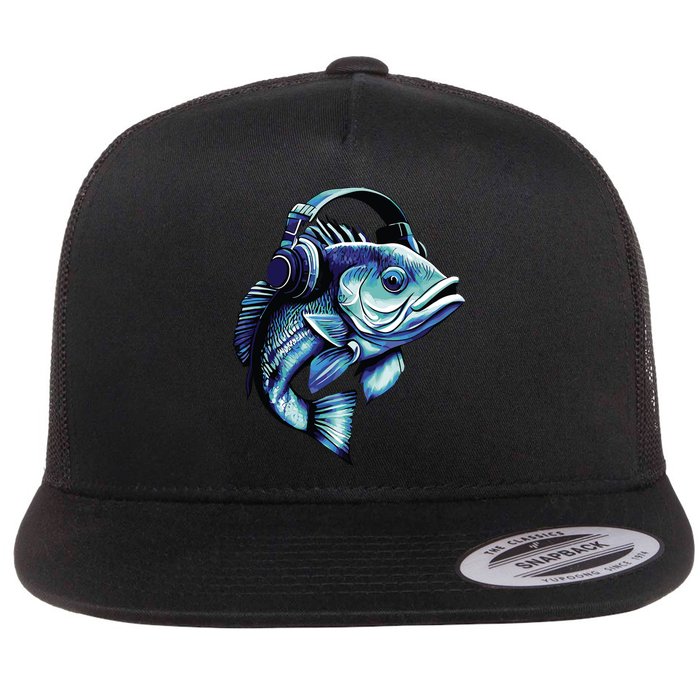 Bass Fish Wearing Headphones Flatbill Hat