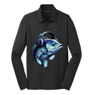 Bass Fish Wearing Headphones Silk Touch Performance Long Sleeve Polo