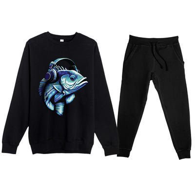 Bass Fish Wearing Headphones Premium Crewneck Sweatsuit Set