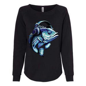 Bass Fish Wearing Headphones Womens California Wash Sweatshirt