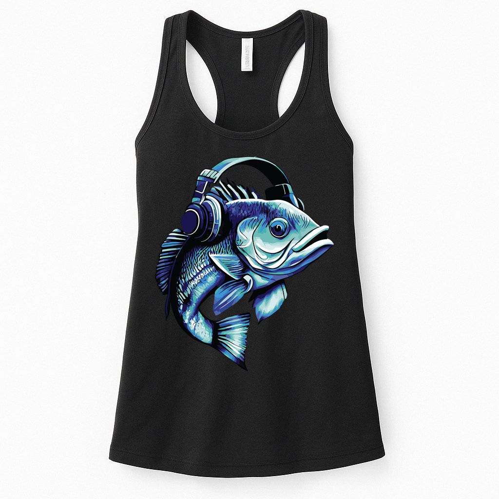 Bass Fish Wearing Headphones Womens Tank Top