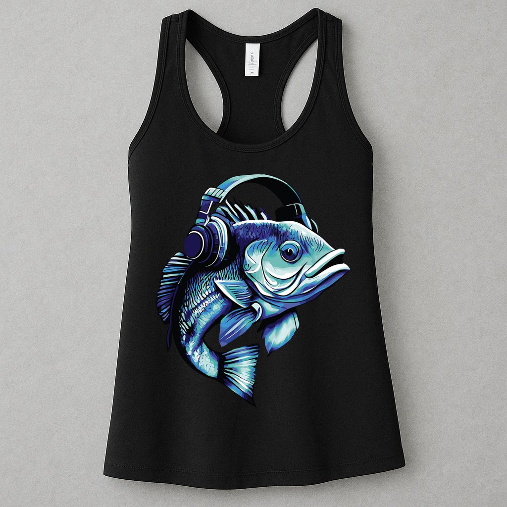 Bass Fish Wearing Headphones Womens Tank Top