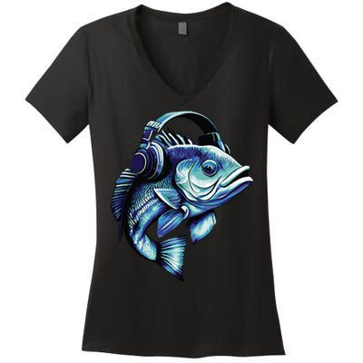 Bass Fish Wearing Headphones Women's V-Neck T-Shirt