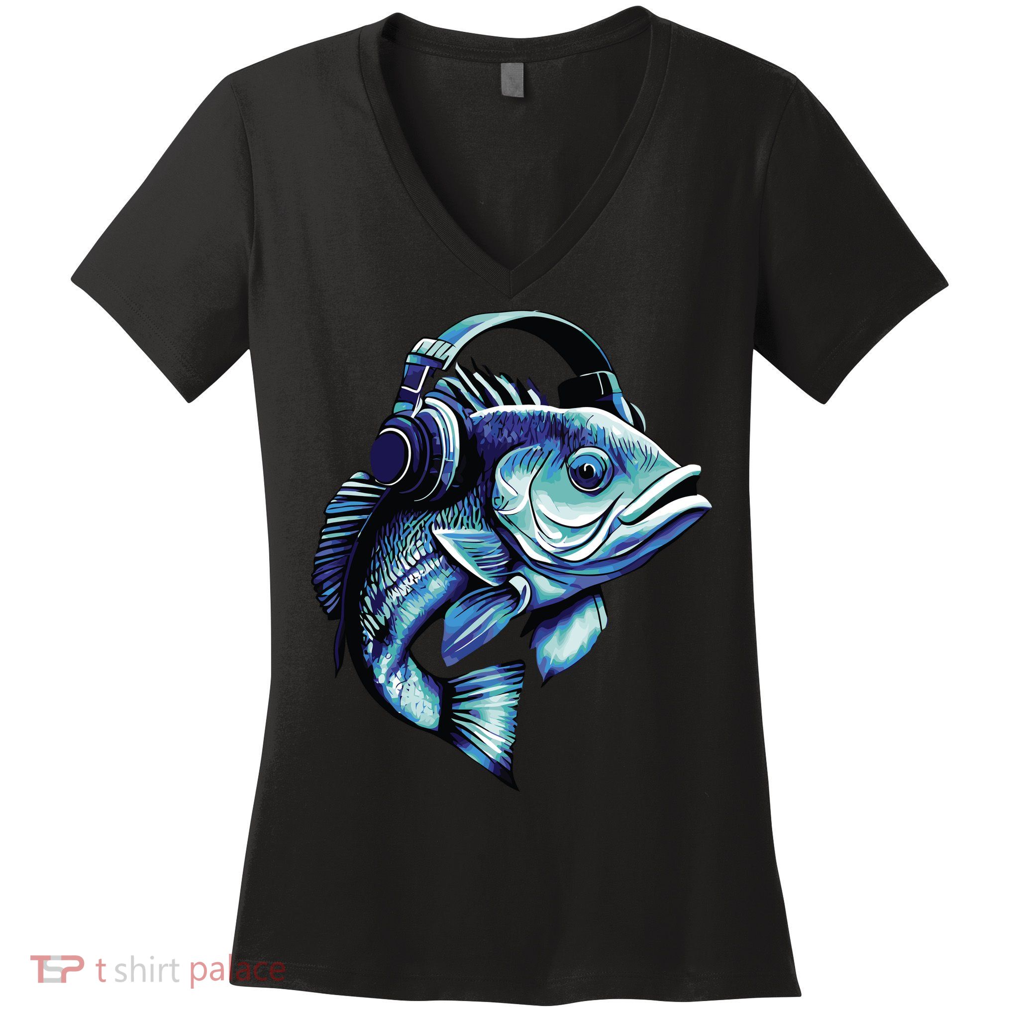 Bass Fish Wearing Headphones Women's V-Neck T-Shirt