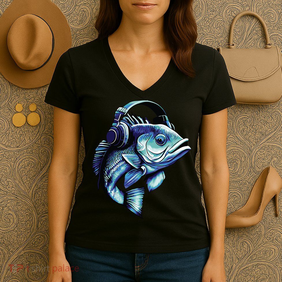 Bass Fish Wearing Headphones Women's V-Neck T-Shirt