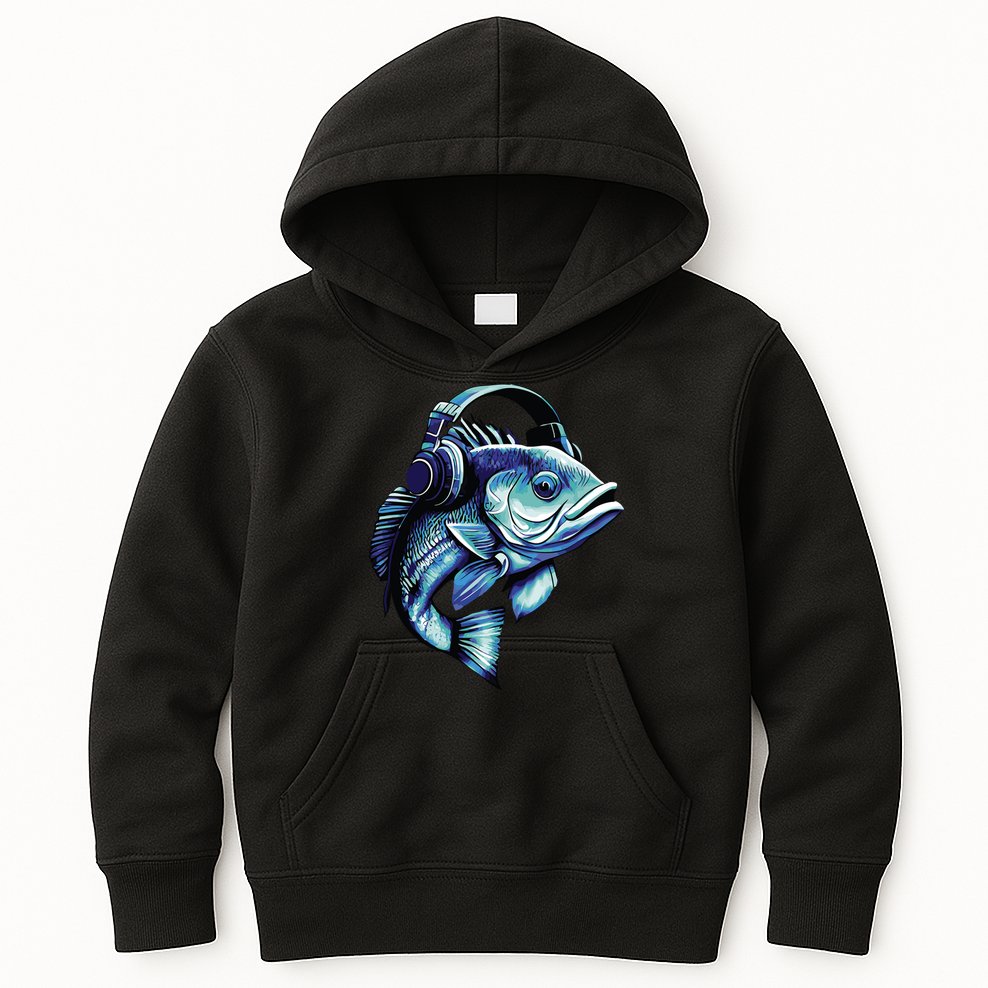 Bass Fish Wearing Headphones Kids Hoodie
