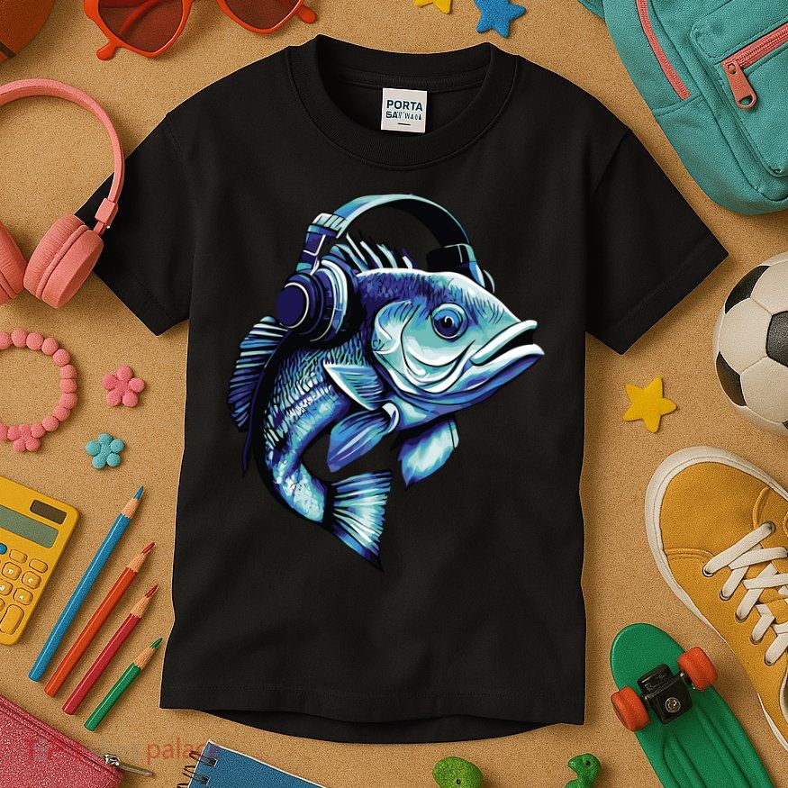Bass Fish Wearing Headphones Kids T-Shirt