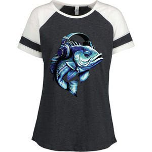 Bass Fish Wearing Headphones Enza Ladies Jersey Colorblock Tee