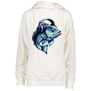 Bass Fish Wearing Headphones Womens Funnel Neck Pullover Hood