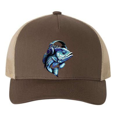 Bass Fish Wearing Headphones Yupoong Adult 5-Panel Trucker Hat