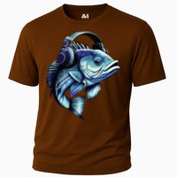 Bass Fish Wearing Headphones Cooling Performance Crew T-Shirt