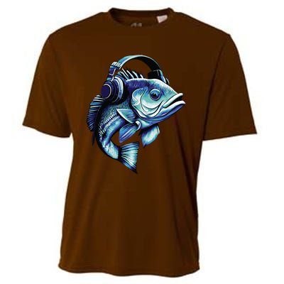 Bass Fish Wearing Headphones Cooling Performance Crew T-Shirt