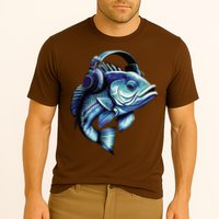 Bass Fish Wearing Headphones Cooling Performance Crew T-Shirt