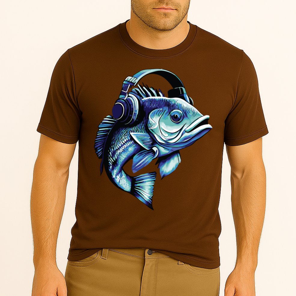 Bass Fish Wearing Headphones Cooling Performance Crew T-Shirt