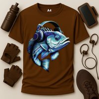 Bass Fish Wearing Headphones Cooling Performance Crew T-Shirt