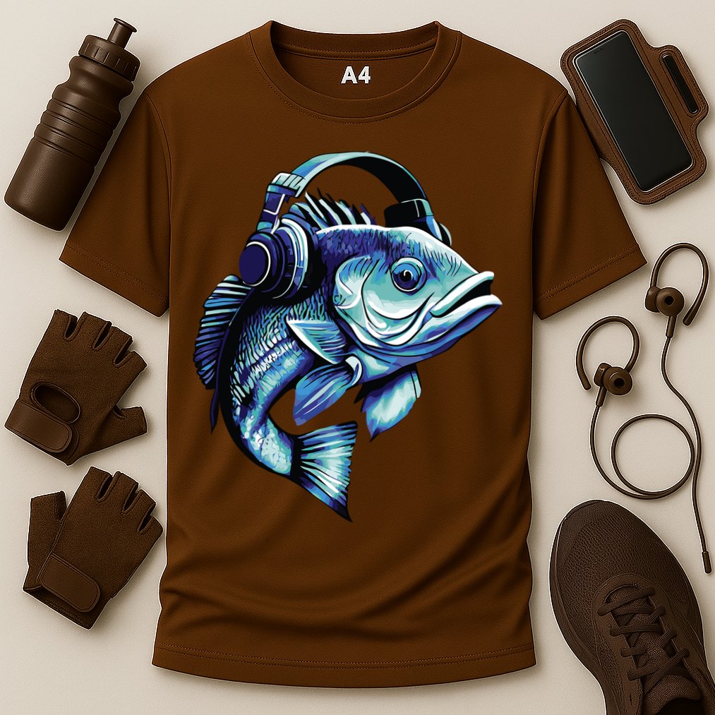 Bass Fish Wearing Headphones Cooling Performance Crew T-Shirt