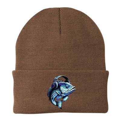 Bass Fish Wearing Headphones Knit Cap Winter Beanie