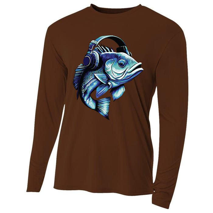 Bass Fish Wearing Headphones Cooling Performance Long Sleeve Crew