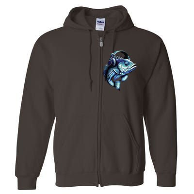 Bass Fish Wearing Headphones Full Zip Hoodie