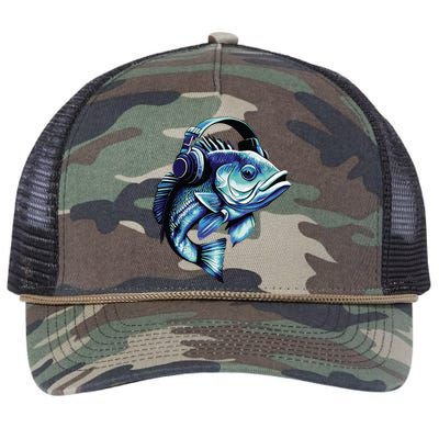 Bass Fish Wearing Headphones Retro Rope Trucker Hat Cap