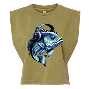 Bass Fish Wearing Headphones Garment-Dyed Women's Muscle Tee