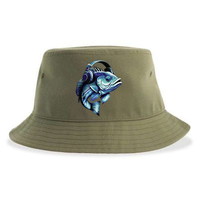 Bass Fish Wearing Headphones Sustainable Bucket Hat