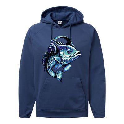 Bass Fish Wearing Headphones Performance Fleece Hoodie