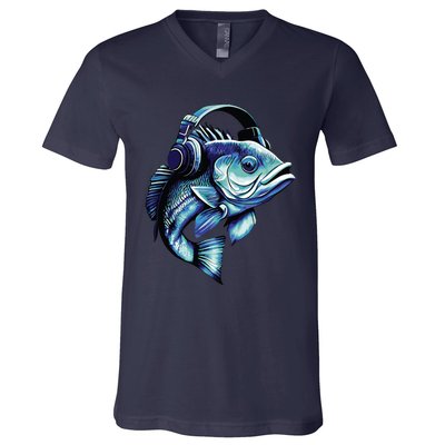 Bass Fish Wearing Headphones V-Neck T-Shirt