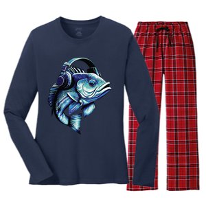 Bass Fish Wearing Headphones Women's Long Sleeve Flannel Pajama Set 