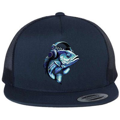 Bass Fish Wearing Headphones Flat Bill Trucker Hat