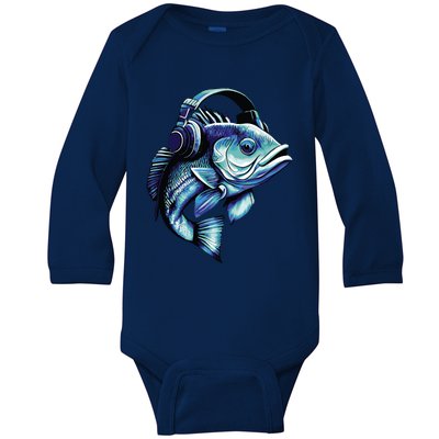 Bass Fish Wearing Headphones Baby Long Sleeve Bodysuit