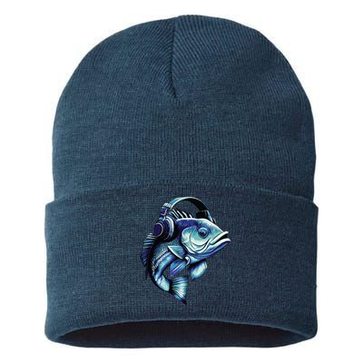 Bass Fish Wearing Headphones Sustainable Knit Beanie