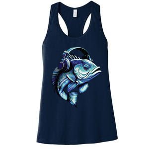 Bass Fish Wearing Headphones Women's Racerback Tank