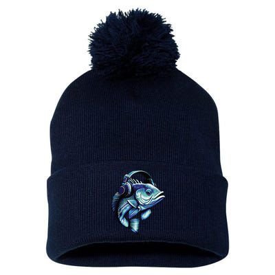 Bass Fish Wearing Headphones Pom Pom 12in Knit Beanie