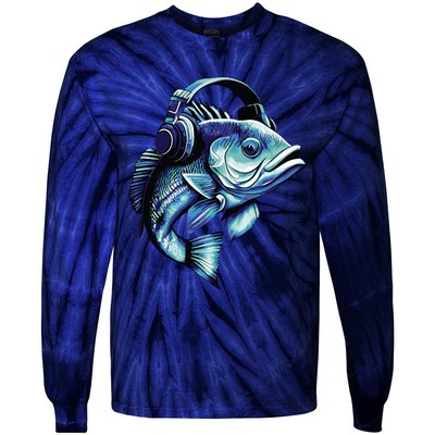 Bass Fish Wearing Headphones Tie-Dye Long Sleeve Shirt