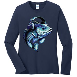 Bass Fish Wearing Headphones Ladies Long Sleeve Shirt