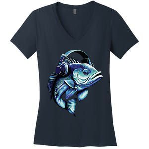 Bass Fish Wearing Headphones Women's V-Neck T-Shirt