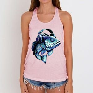 Bass Fish Wearing Headphones Women's Knotted Racerback Tank