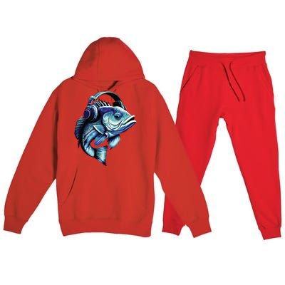 Bass Fish Wearing Headphones Premium Hooded Sweatsuit Set