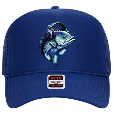 Bass Fish Wearing Headphones High Crown Mesh Back Trucker Hat